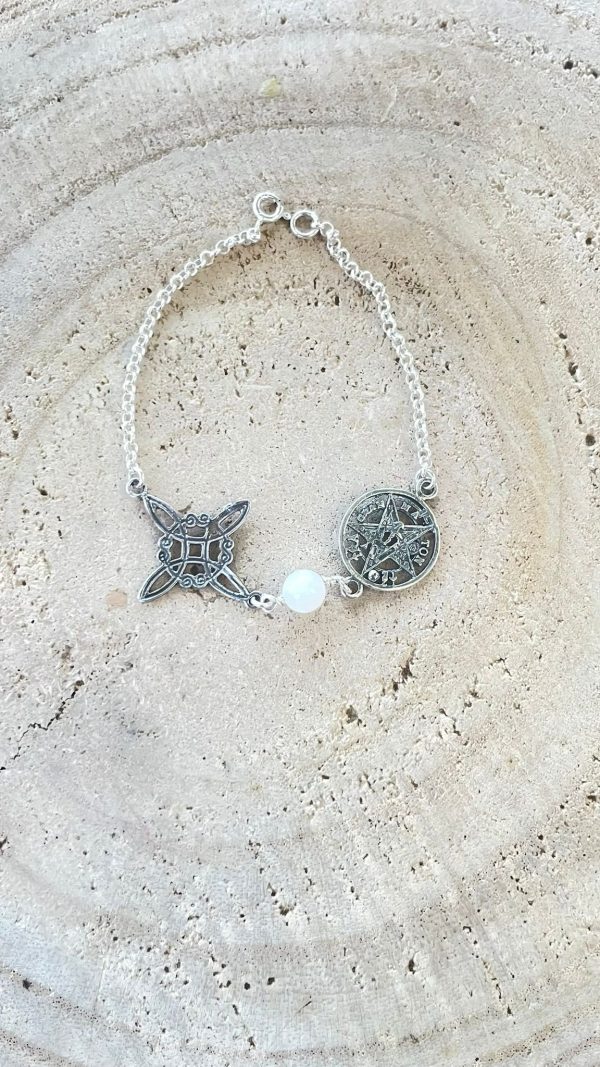 Pulsera doble protección Nudo de Bruja , Tetragrámaton y piedra Luna