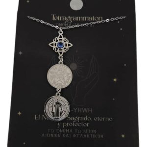Colgante de triple protección, nudo de bruja con ojo turco, tetragramaton y San Benito, en acero