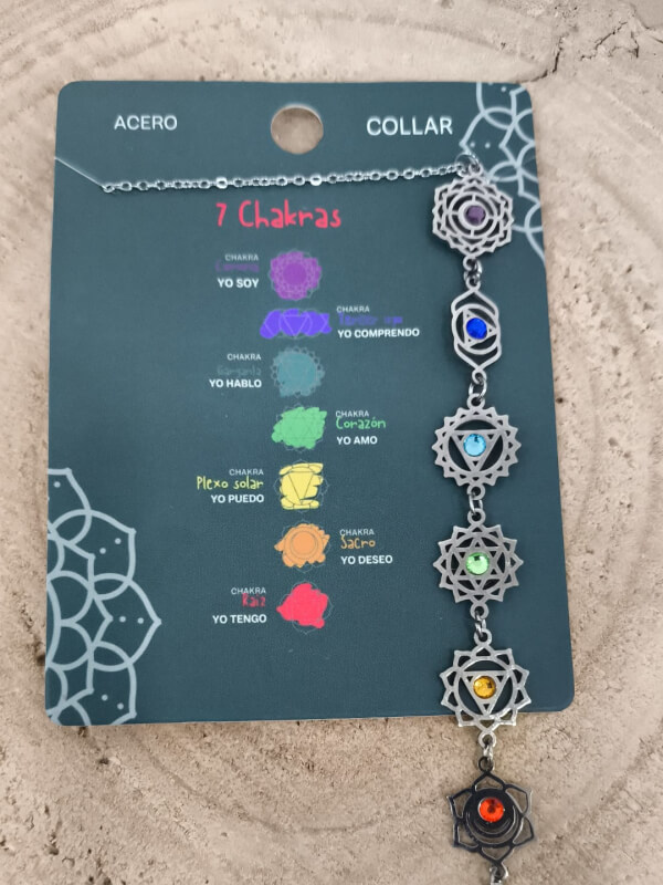 Colgante 7 chakras con zirconitas de colores, en acero, incluye cadena