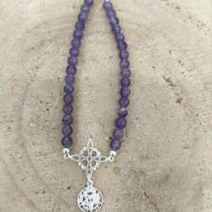 Pulsera de Amatista y doble protección de Nudo de Bruja y Tetragramaton en plata de ley