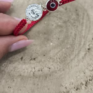 Pulsera de macramé rojo con ojo turco y San Benito en plata de ley
