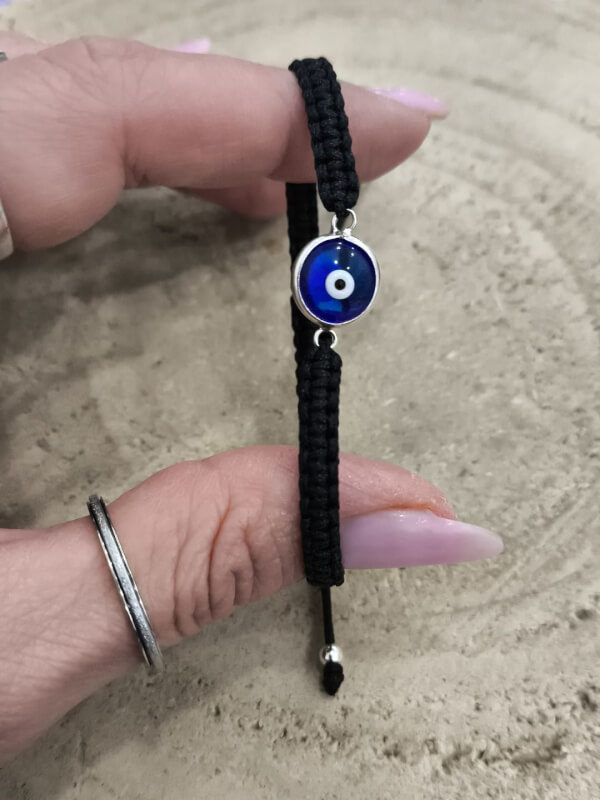 Pulsera macramé negra con ojo turco en plata de ley