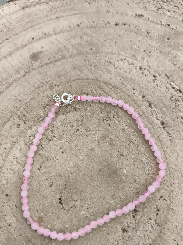 Tobillera de Cuarzo Rosa facetada en plata de ley