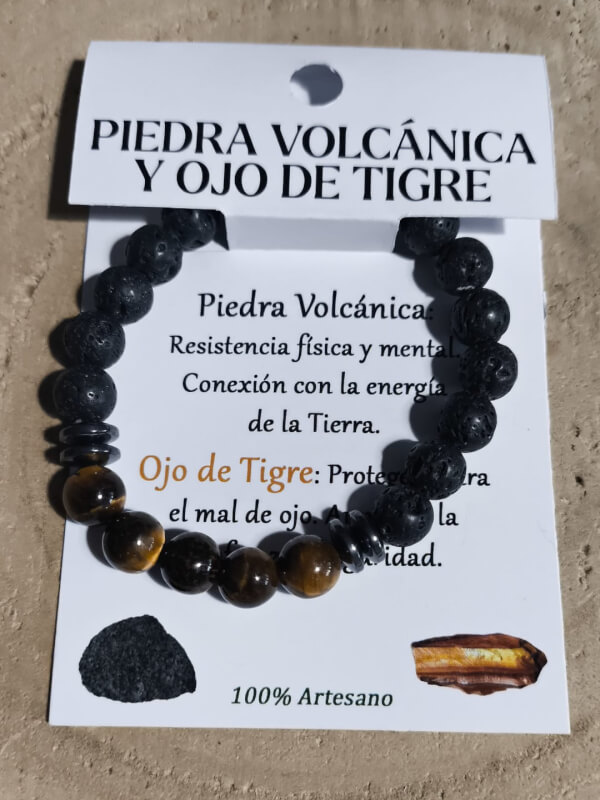 Pulsera de piedra volcánica y ojo de tigre 8mm