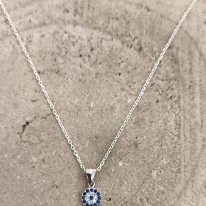 Colgante ojo turco con circonitas azules y cadena de plata 40cm