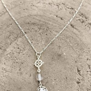 Colgante triple protección con Cuarzo blanco, nudo de bruja y tetragramaton en plata de ley
